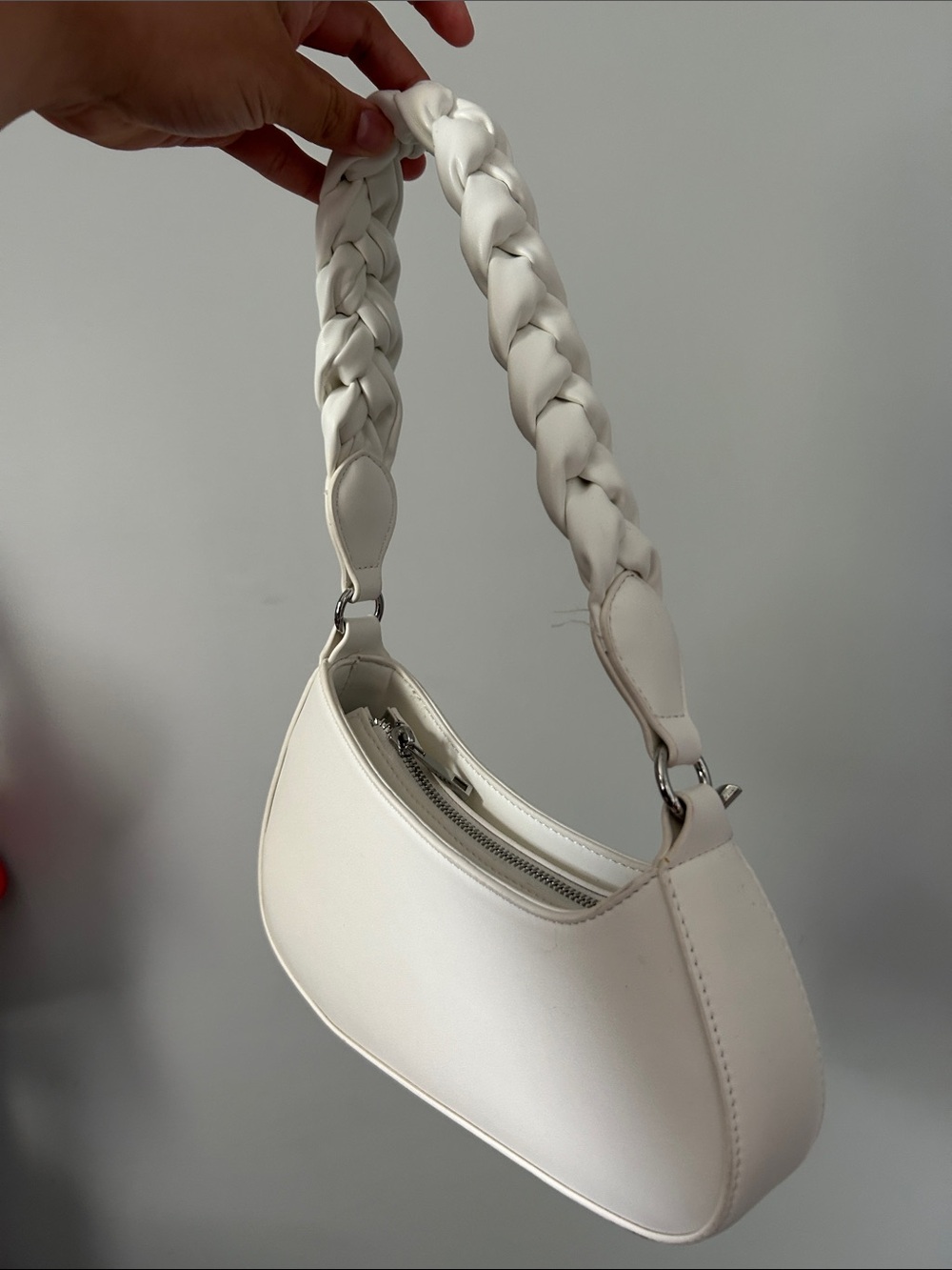 Braided-Handle White Shoulder Bag